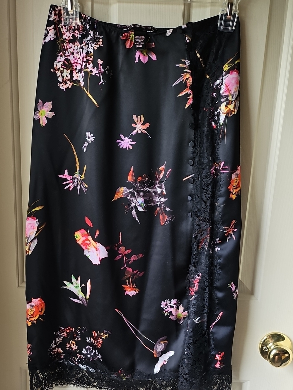Victoria's Secret Black Satin Midi Skirt with Pink & Orange Floral Print